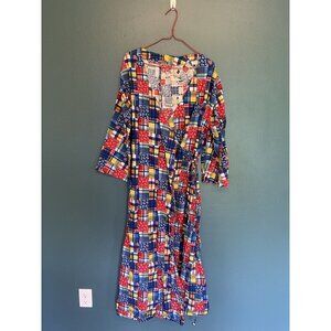 Handmade Plaid Patchwork Wrap Dress Maxi bell sleeves Approx. L Adjustable
